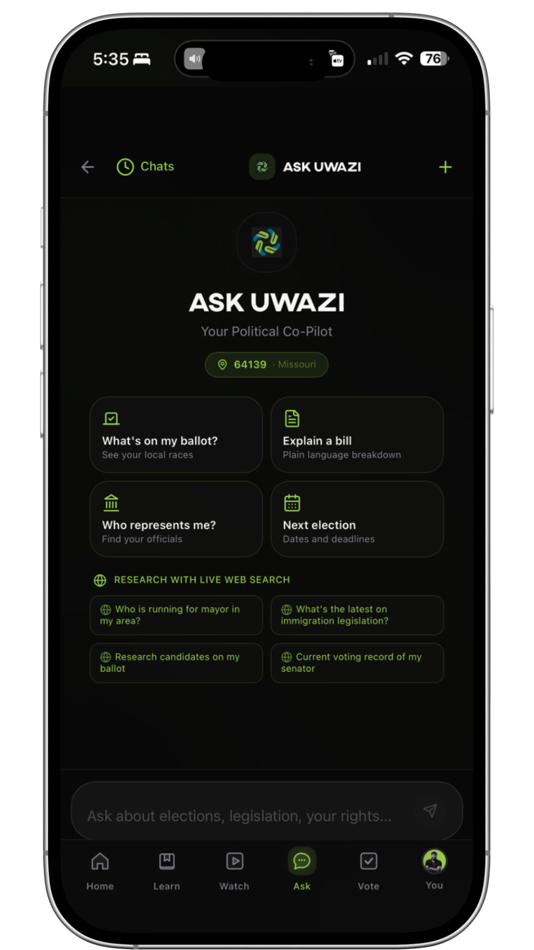 Ask Uwazi - Chat surface